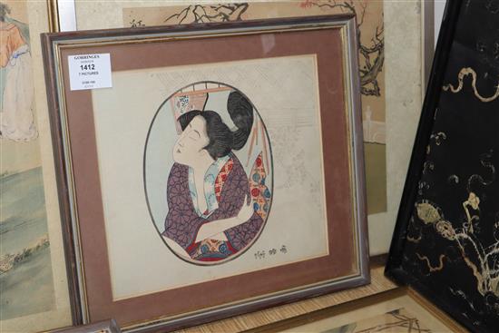Six Japanese woodblock prints and and a Persian gouache painting, largest 36 x 26cm and a Chinese hardstone elephant